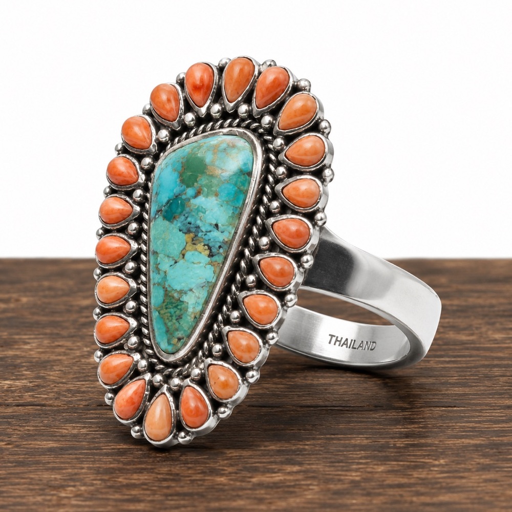 BARSE Southwestern Style Oversized Sterling Silver Turquoise Spiny Oyster Ring